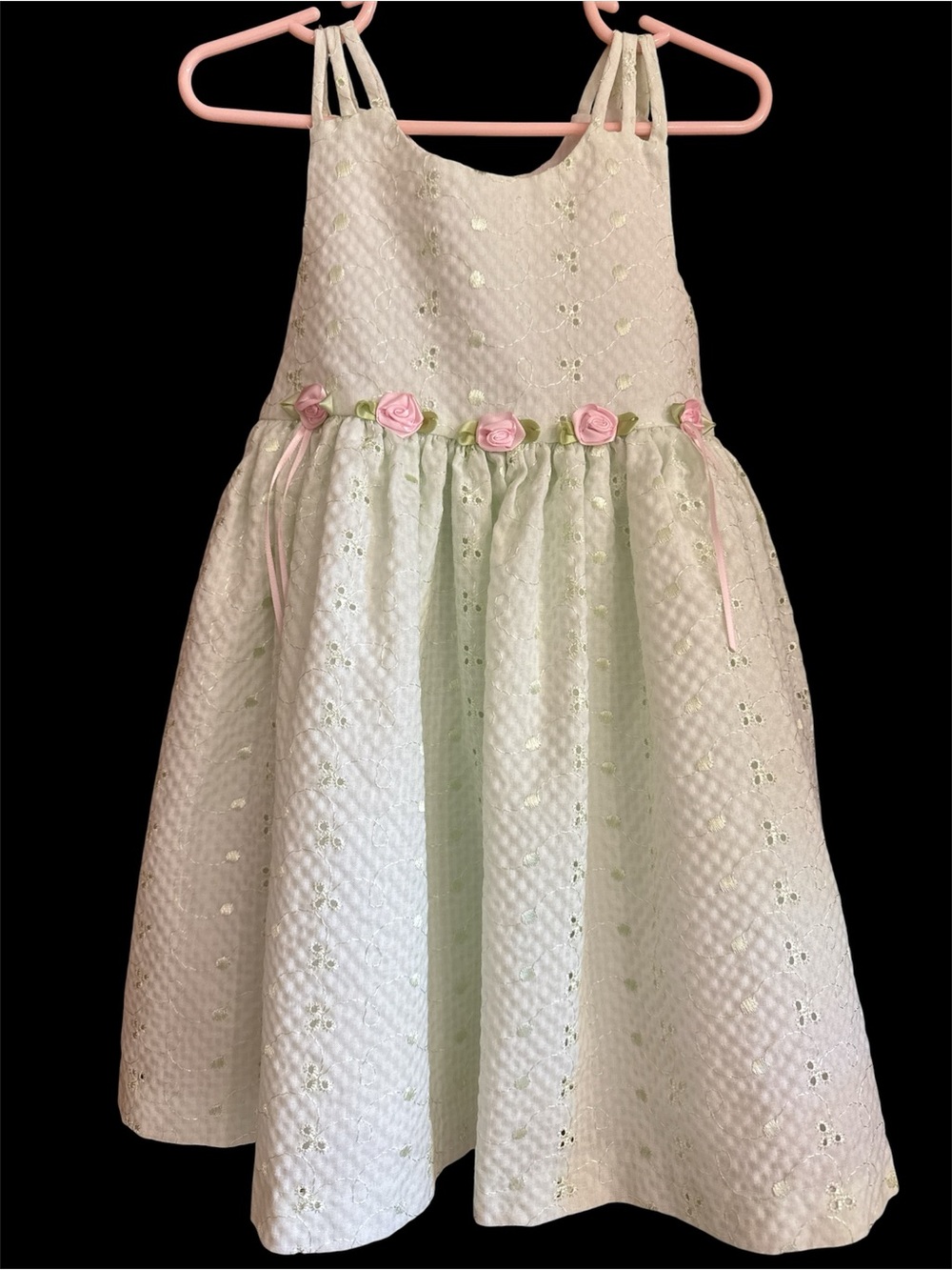 Bonnie Jean Vintage Mint Green Eyelet Embroidery w/Pink Roses Toddler Dress